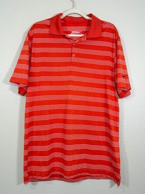 Nike Golf Tour Performance Polo Orange White Stripe Shirt Athletic DRI-FIT Men L